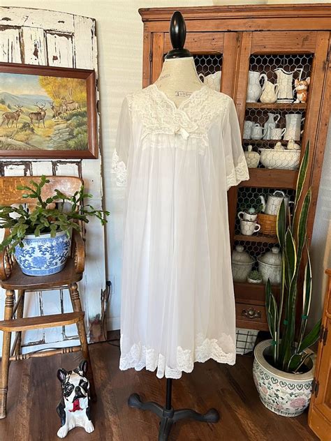 Vintage White Lingerie Set Nightie Cover All By Shadow Line Nylon Lace Pearls Size M 50s