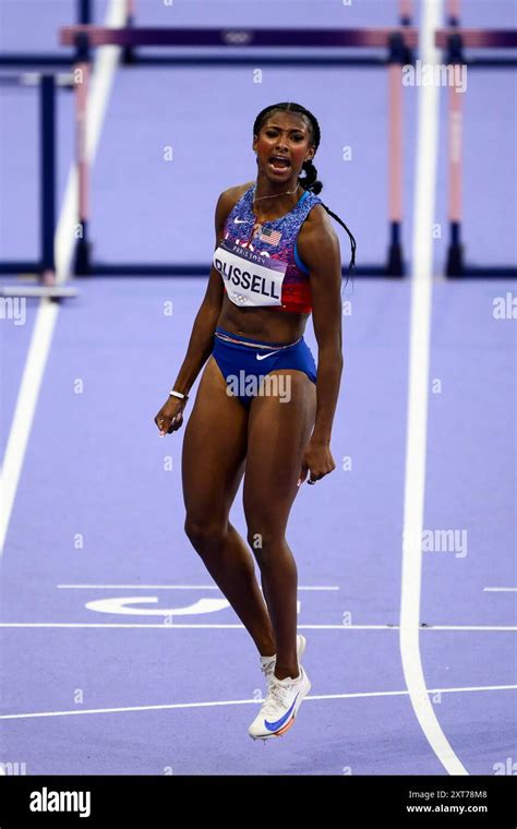 Masai Russell Of United States Of America Celebrates After Competing In