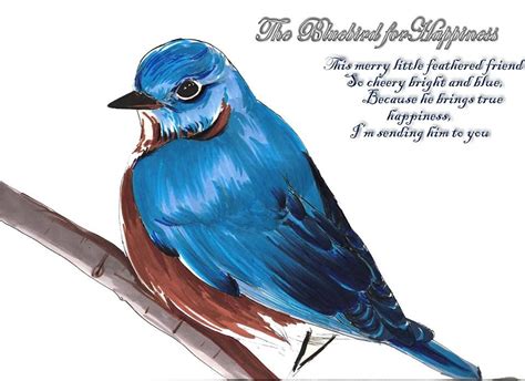 Bluebird for Happiness Illustration with poem. Nursery Artwork, Blue