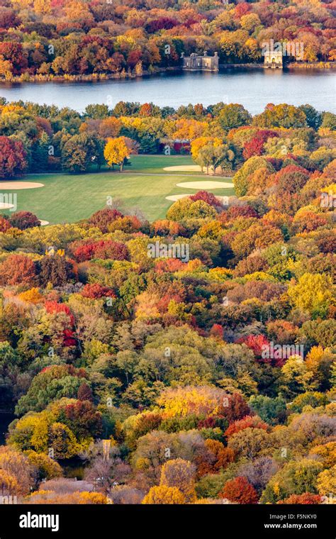 Brilliant fall colors in Central Park. Autumn aerial view of the Great ...