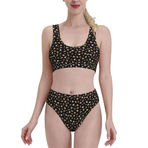 Logiee Flower Pattern On Black Print Women S Piece Bikini Set Halter Bathing Suit High Waisted