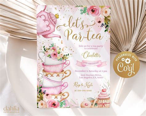 Editable Tea Party Birthday Invitation Pink And Gold Par Tea Invite