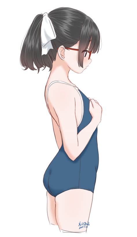 Retsumaru Original Highres Girl Ass Black Hair Blue One Piece Swimsuit Breast Conscious