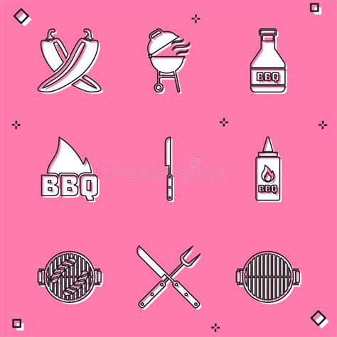 Set Crossed Hot Chili Pepper Pod Barbecue Grill Ketchup Bottle Fire