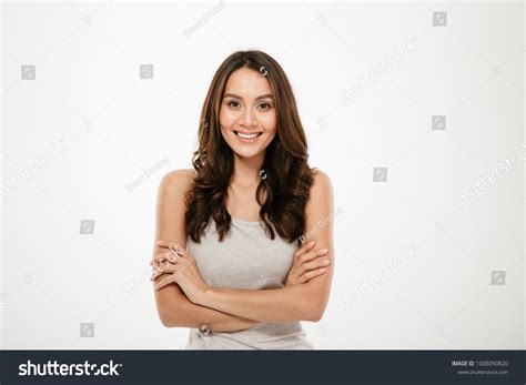 Smiling Brunette Woman Crossed Arms Looking Stock Photo Shutterstock