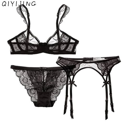 Qiyijing Romantic Black Transparent Ultra Thin Breathable Bra Sets Sexy Lingerie Lace Thin Cup