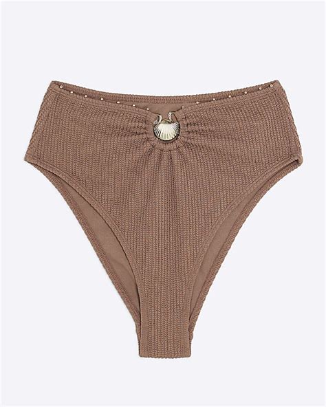 Brown Textured High Waisted Bikini Bottoms River Island