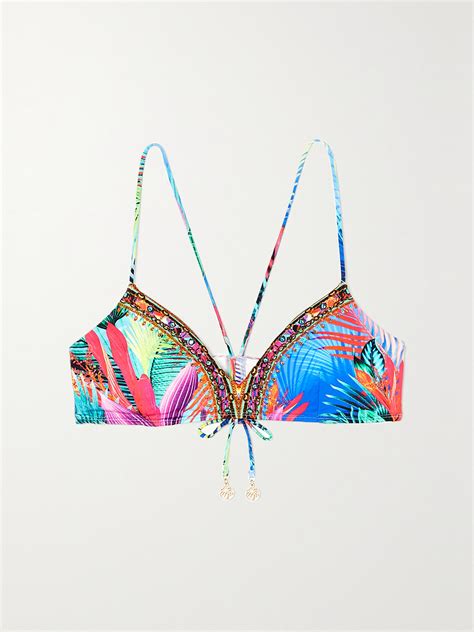 Camilla Crystal Embellished Printed Bikini Top In Blue Modesens