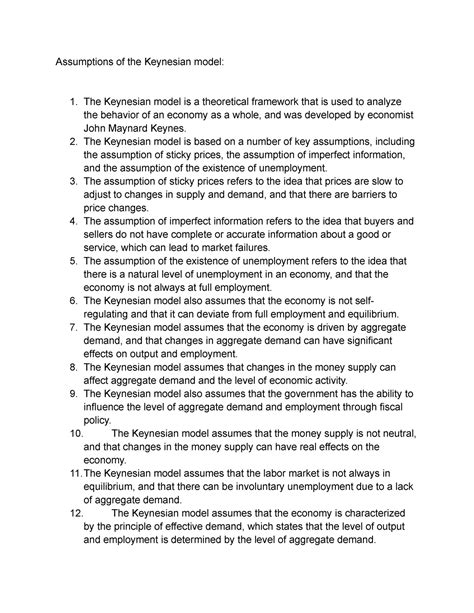 Assumptions Of The Keynesian Model The Keynesian Model Is Based On A
