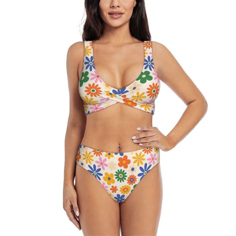 Rocae Groovy Daisy Flowers For Bikini Set For Women Two Piece Sexy High Swimsuits Split