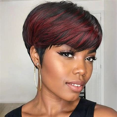 Short Synthetic Wig Ombre Red Pixie Cut with Bangs Natural Hair Color