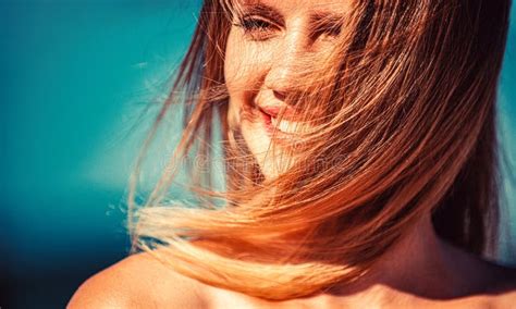 Natural Youthful Beauty Woman Flying Hair Enjoying Outdoor Beauty Blonde Girl Portrait At