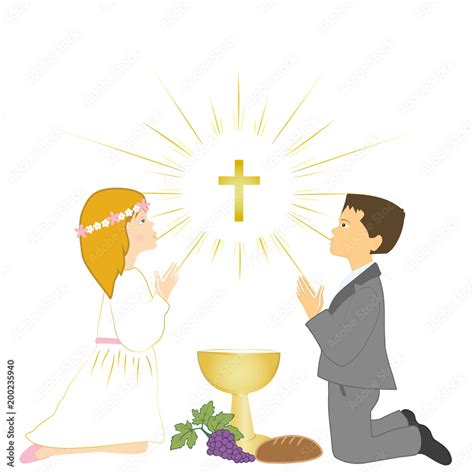 First Holy communion ceremony symbols. Children praying on knees. Stock ...