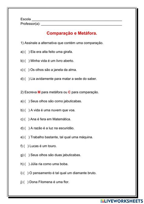 Atividade Sobre Metafora E Comparação Com Gabarito