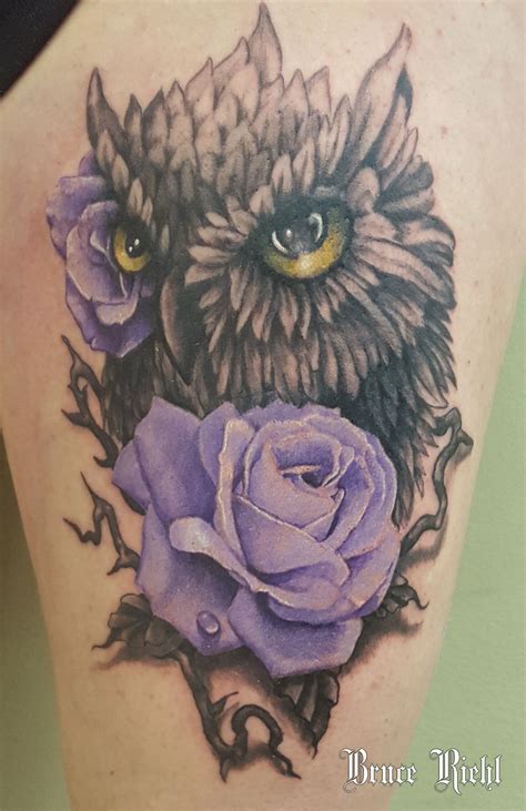 Realistic Purple Rose And Owl Done By Bruce Riehl Realistic Owl