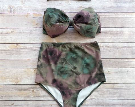 Bow Bandeau Bikini Vintage Style High Waisted Pin Up Swimwear Beautiful Floral Print