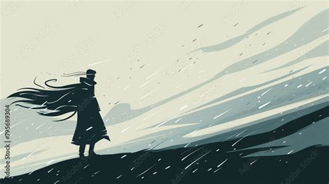 Vector Art Illustration Of A Lone Figure Walking Under A Stormy Sky