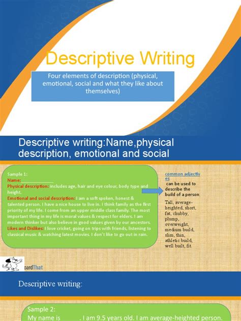 Descriptive Writing Four Elements Of Description Physical Emotional