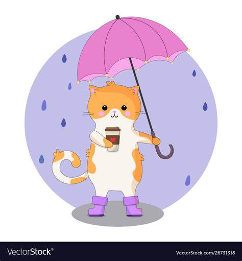 Beautiful cartoon cat with coffee and umbrella Vector Image