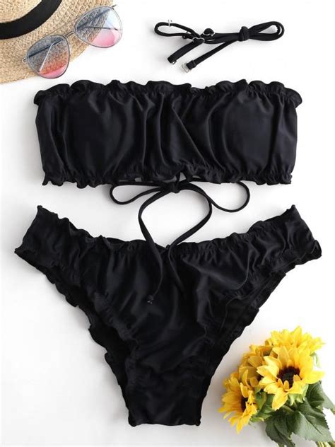 Shopping Off Lettuce Lace Up Bandeau Bikini Swimsuit In Black
