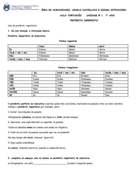 Ficha pretérito imperfeito | DOCX