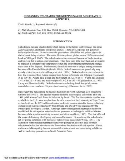 Husbandry Standards For Keeping Naked Mole Rats