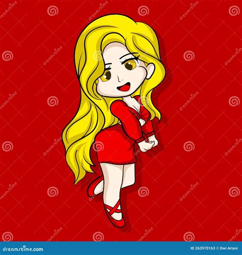 Illustration Art Cute Chibi Girl Blonde Hair Red Dress Character Design Stock Vector