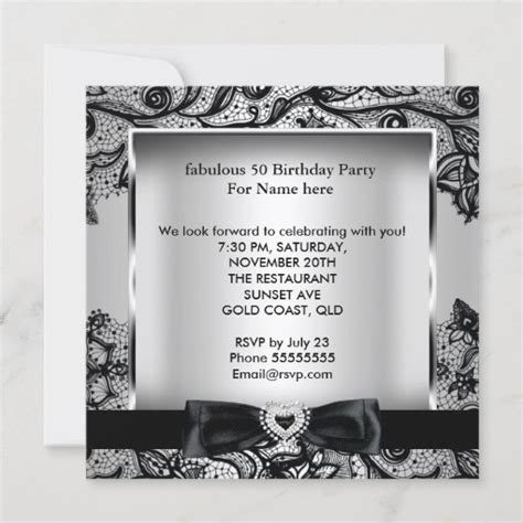 Fabulous 50 Party Silver Gray Damask Black Lace 2 Invitation Zazzle