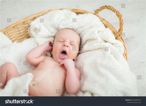 Newborn Naked Baby Lying Yawning Wicker Stock Photo Shutterstock