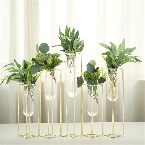 Set Of 5 12 Conjoined Gold Frame Test Tube Hydroponic Vases Geometric