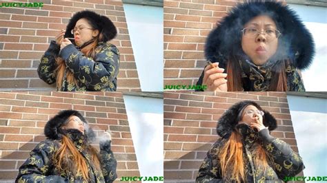Asian Jasmine Jade In Vintage Fur Trimmed Hood Jacket Close Up Smoking Volume 73 Non Nude