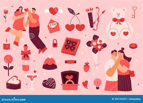 Vector Flat Valentines Day Set With Various Romantic Elements And