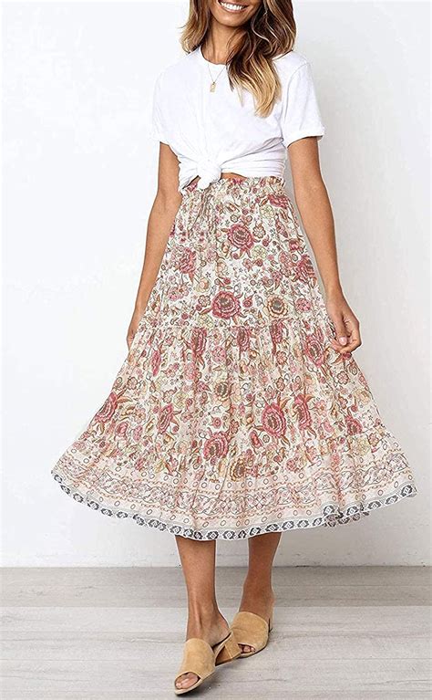 Simplefun Womens Skirts Boho Floral Printed Elastic High Waist A Line