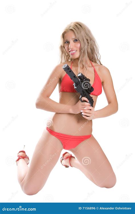 Blonde Met Een Kanon Stock Foto Image Of Kanon Zwart 7156896