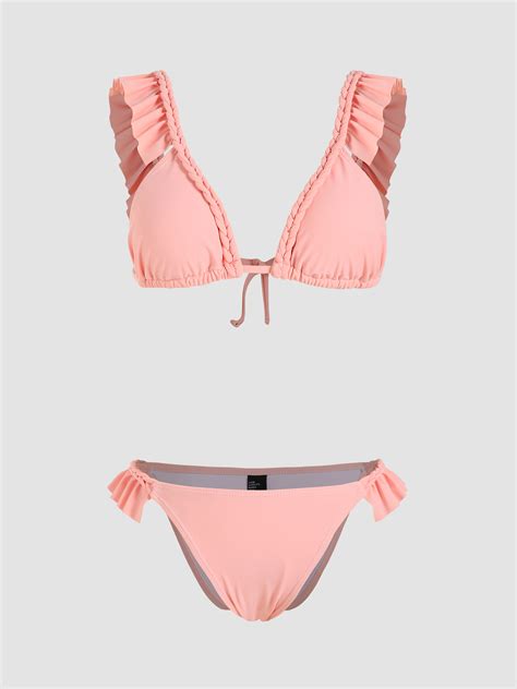 Solid Ruffle Hem Bikini Set Cider