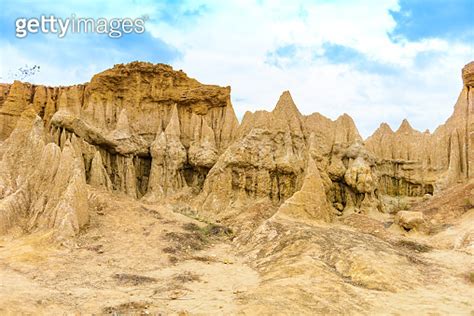 Landscape Of Soil Textures Eroded Sandstone Pillars Columns And Cliffs