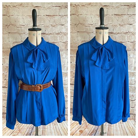 Vintage Blouse Pussy Bow Tie Neckline Bright Blue By Feminella C 1970s