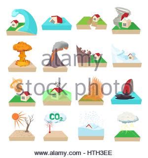 Natural Disaster Icons Set With Tide Volcano Erupting Earthquake Flood