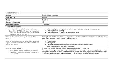 Lesson Feedback Information Lesson Information Subject English Home