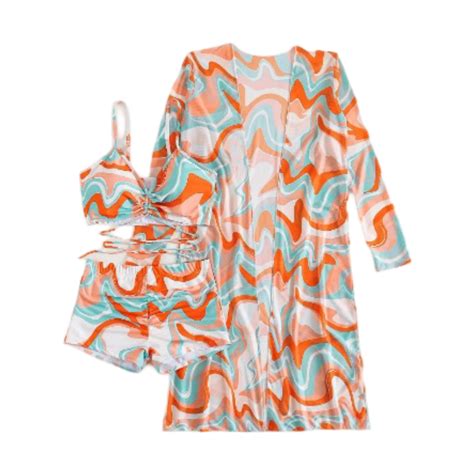 Swirl Pattern Three Piece Bikini Set With Sheer Cover Up Gentorusa