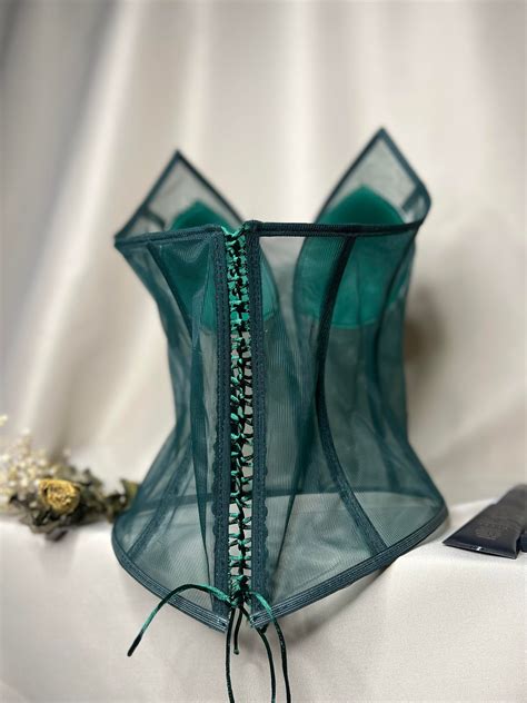 Corset Transparent Cat Ear Corset Emerald Green Satin Corset Top Lingerie Bustier Wedding