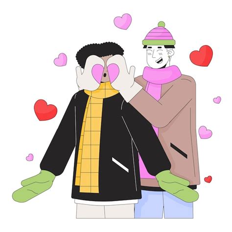 Hombre Gay Cubriendo Los Ojos De Su Novio L Nea Sorpresa Ilustraci N Plana De Dibujos Animados