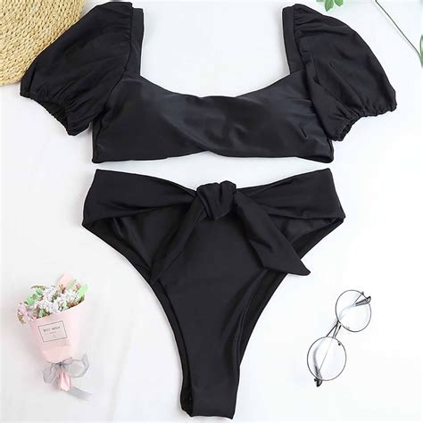 Odeerbi Women S Swimwear Two Piece Bikini Set Puff Sleeves High Waist Swimsuit Swimsuit
