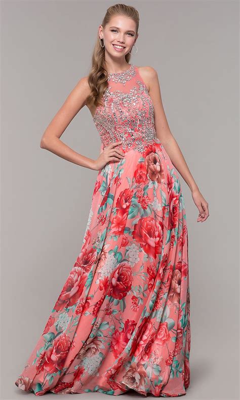 Long Floral Print Prom Dress With Sheer Bodice Printed Prom Dresses