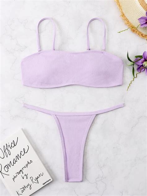Conjunto De Bikini Acanalado Top De Tirantes Y Tanga Traje De Ba O De Piezas Mode De Mujer