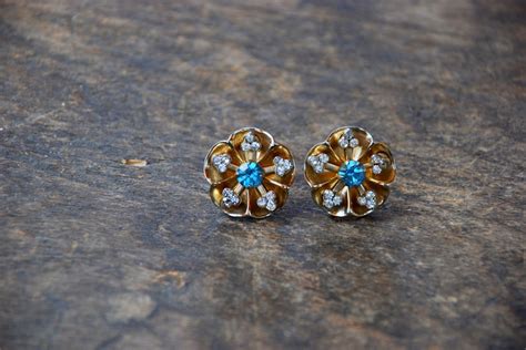 Vintage Screw Back Earrings Coro Clear Blue Rhinestones Flower Etsy