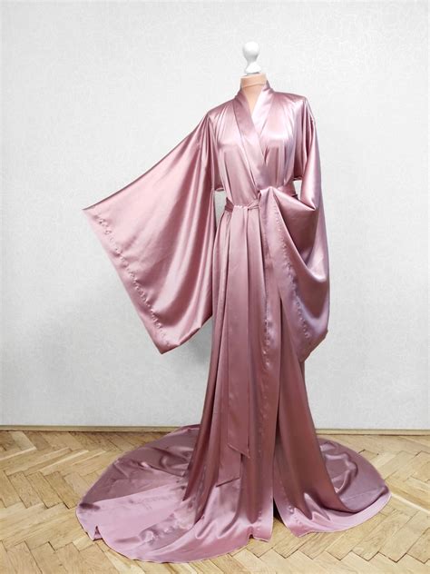 Silk Robe With Train Floor Length Robe Kimono Dressing Gown Etsy