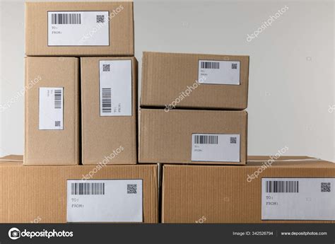 Stacked Cardboard Boxes Barcodes Codes Isolated Grey Stock Photo By