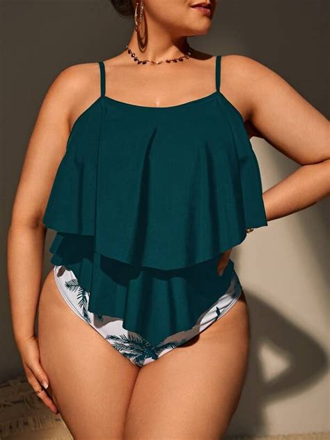 Plus Palm Tree Print Tankini Set Two Layered Flowy Swim Cami Top Bikini Bottom Piece Bathing