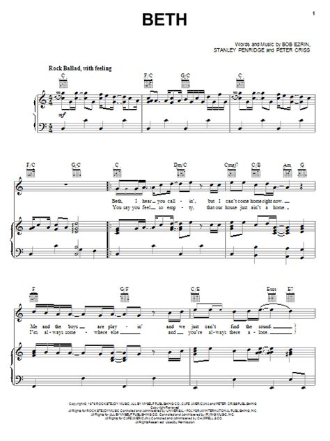 Kiss Beth Sheet Music Pdf Notes Chords Pop Score Piano Vocal